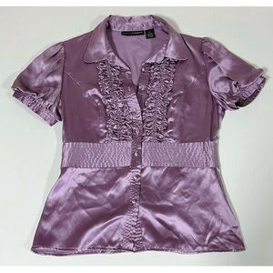 Grace Elements Purple Silk Ruffle Collared Button-Down Shirt Top Blouse Size 6 💜